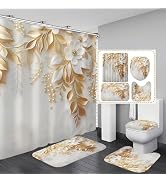 Chrainy 4Pcs Golden Leaves Shower Curtain Sets White Flowers Floral Bathroom Accessories Set Plan...