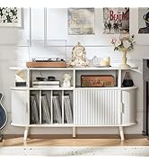 LELELINKY Large Round Record Player Stand with Charging Station &amp; Fluted Panel, White Mid Century...