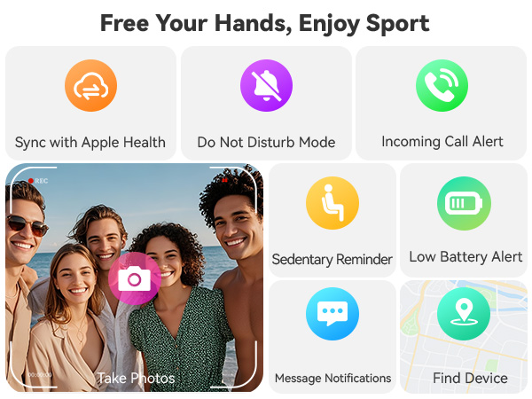 Interface icons displaying various functions including 'Sync with Apple Health', 'Do Not Disturb Mode', 'Incoming Call Alert', 'Low Battery Alert', and 'Find Device'.