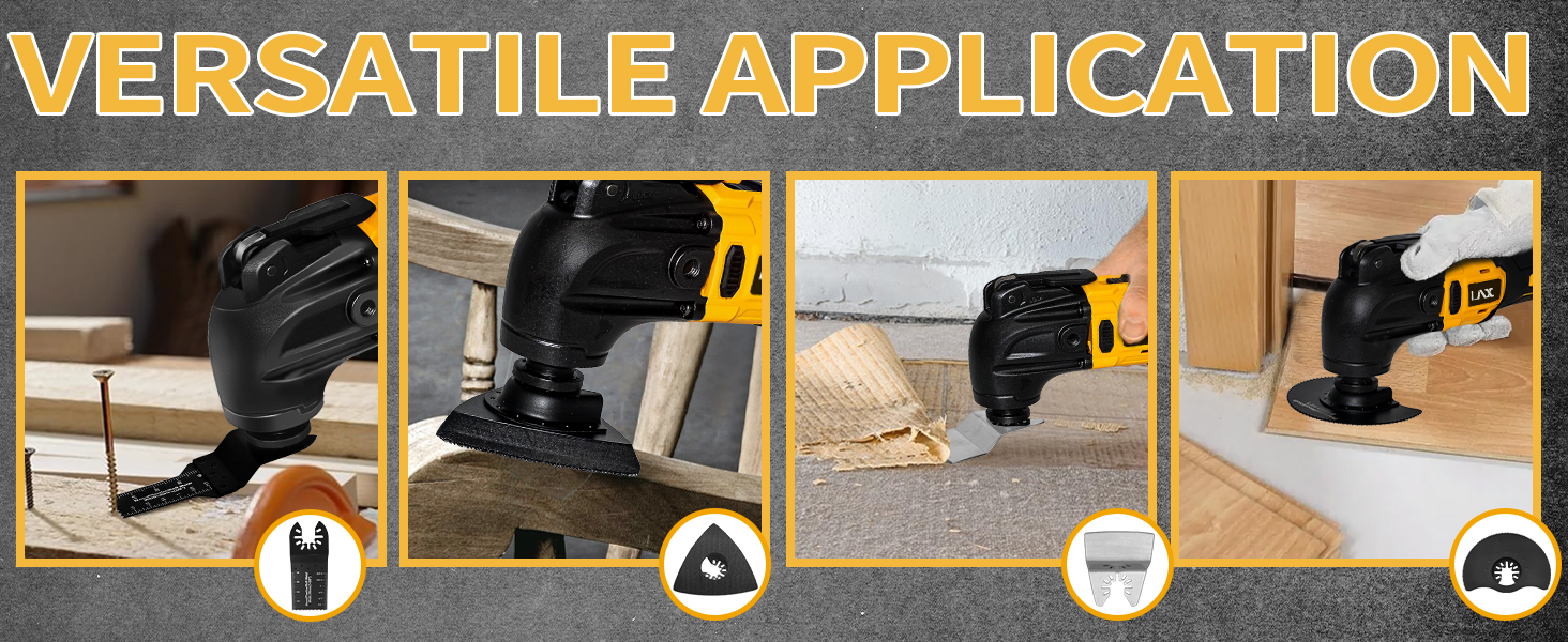 Handheld power tool with multiple attachments shown in use for cutting wood, sanding surfaces, trimming carpets, and cutting baseboards, demonstrating its versatility for various DIY applications.
