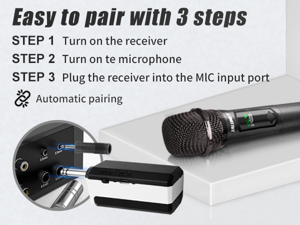 Wireless microphone system with receiver and handheld mic. Instructions show 3-step pairing process: turn on receiver, turn on microphone, plug receiver into MIC input port. Automatic pairing feature highlighted.