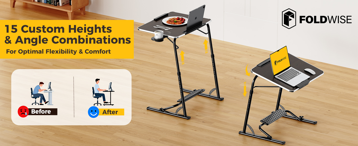 Adjustable folding laptop table showing height options as a couch desk or TV tray table.