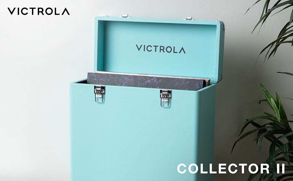 Turquoise vinyl record storage box with hinged lid and metal latches