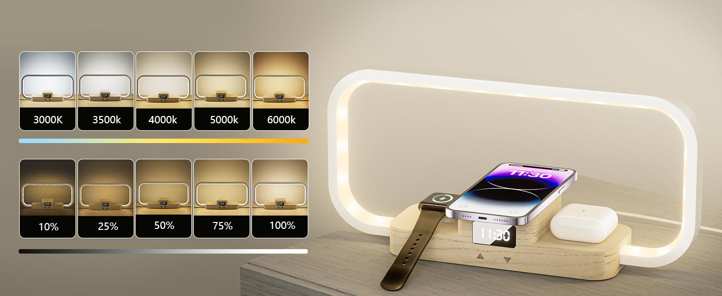 LED desk lamp with curved design featuring color temperature controls and phone charging dock, displaying warm to cool light options.