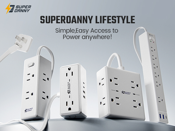 SUPERDANNY Surge Protector Power Strip Flat Plug Extension Cord