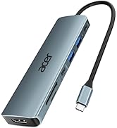 Acer USB-C hub in silver with multiple ports including HDMI, USB-A, and SD card slot. Features a slim rectangular design and flexible cable for connectivity.
