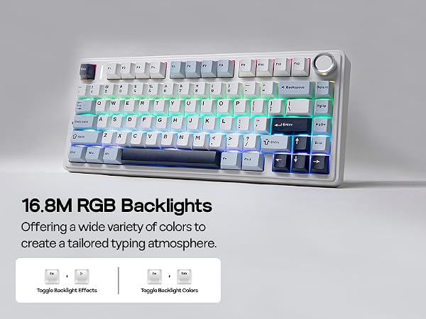 Compact RGB backlit keyboard with white keys and multicolor illumination. Text states "16.8M RGB Backlights" and "Offering a wide variety of colors to create a tailored typing atmosphere."