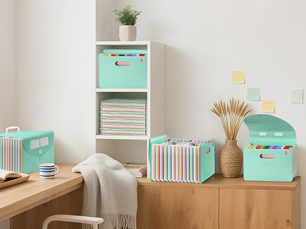 Series showing mint green storage solutions including file organizers, boxes, and desktop accessories arranged in a bright, minimalist home office setting.