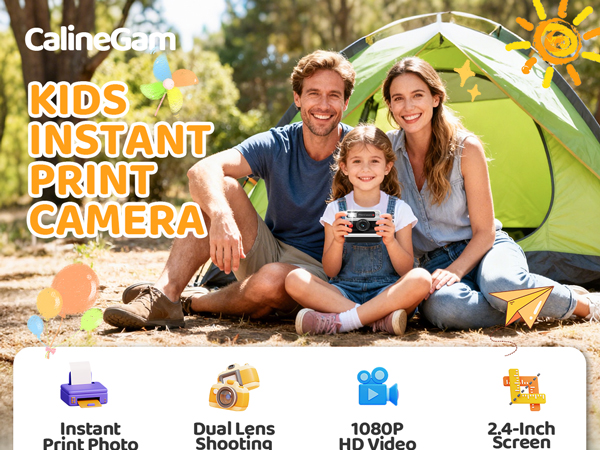 Text reads 'KIDS INSTANT PRINT CAMERA' with icons showing features: 'Instant Print Photo', 'Dual Lens Structure', '1080P HD Video', '2.4-inch Screen'. Family camping scene with green tent in background.