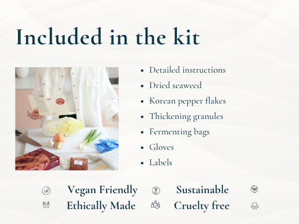 Text reads 'Included in the kit:', 'Detailed instructions', 'Dried seaweed', 'Korean pepper flakes', 'Thickening grounds', 'Fermenting bags', 'Labels', 'Vegan Friendly', 'Ethically Made', 'Sustainable', 'Cruelty Free'