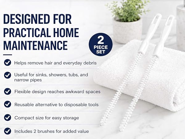 Two reusable drain cleaning brushes for practical home maintenance, compact storage everyday.