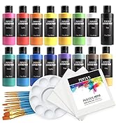 Pixiss Acrylic Paints Set of 16 (59 ml/2fl.oz), Paint Brush 10 Piece Set, 5x5-Inch Canvases 3 Pac...