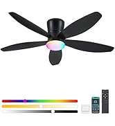 Surtime Flush Mount RGB Ceiling Fans with Lights-48 Low Profile Ceiling Fan with Light and Remote...