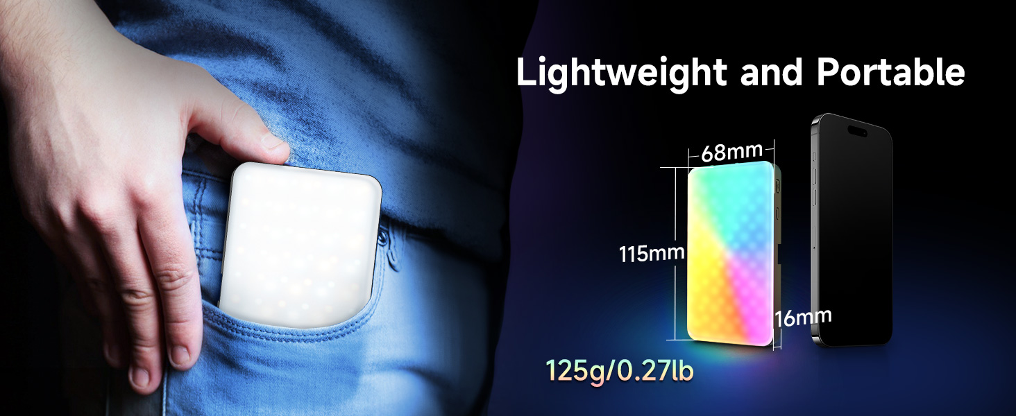 Diagram showing a portable device's dimensions: 68mm x 115mm x 16mm. A hand is placing the device into a jeans pocket, demonstrating its lightweight and portable nature.