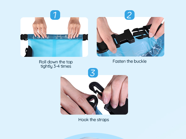 Three simple steps to use the TILYMOL dry bag: pack items, roll the top, and buckle securely