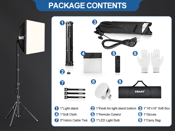 EMART Softbox Lighting Kit, 16&amp;#34;X16&amp;#34; Soft Box, 3000K-6000K 85W LED Bulbs with Remote, 65&amp;#34; Tripod p