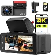 Dash Cam 4K Front and 2.5K Rear Full HD Dash Camera for Cars, Included 64GB Card, Built-in GPS/Wi...
