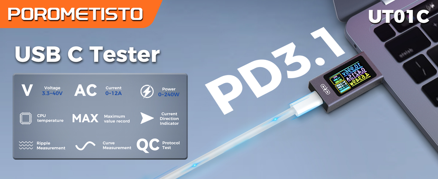 USB Tester, 3.3-30V 0-12A USB C Cable Tester