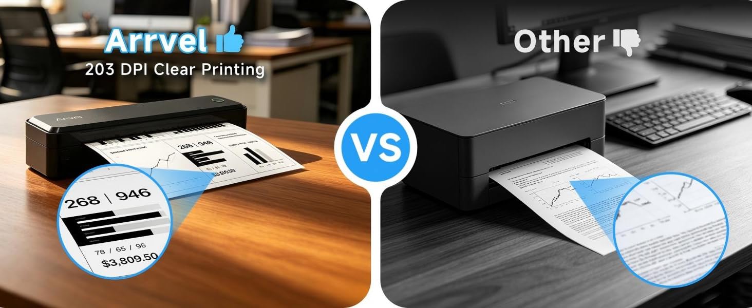 A8 portable thermal printer produces clear 203 DPI text, charts, tables, and business documents