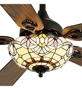 Kunywooe 52" Tiffany Style Ceiling Fans with Lights, Vintage Chandelier Ceiling Fan with Stained ...