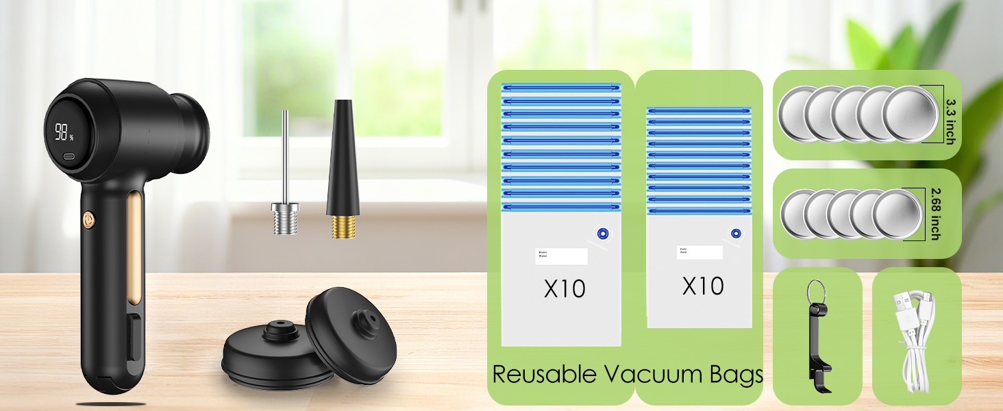 Handheld Vacuum Sealer for Food 20 Reusable Bags 10 mason jar lids