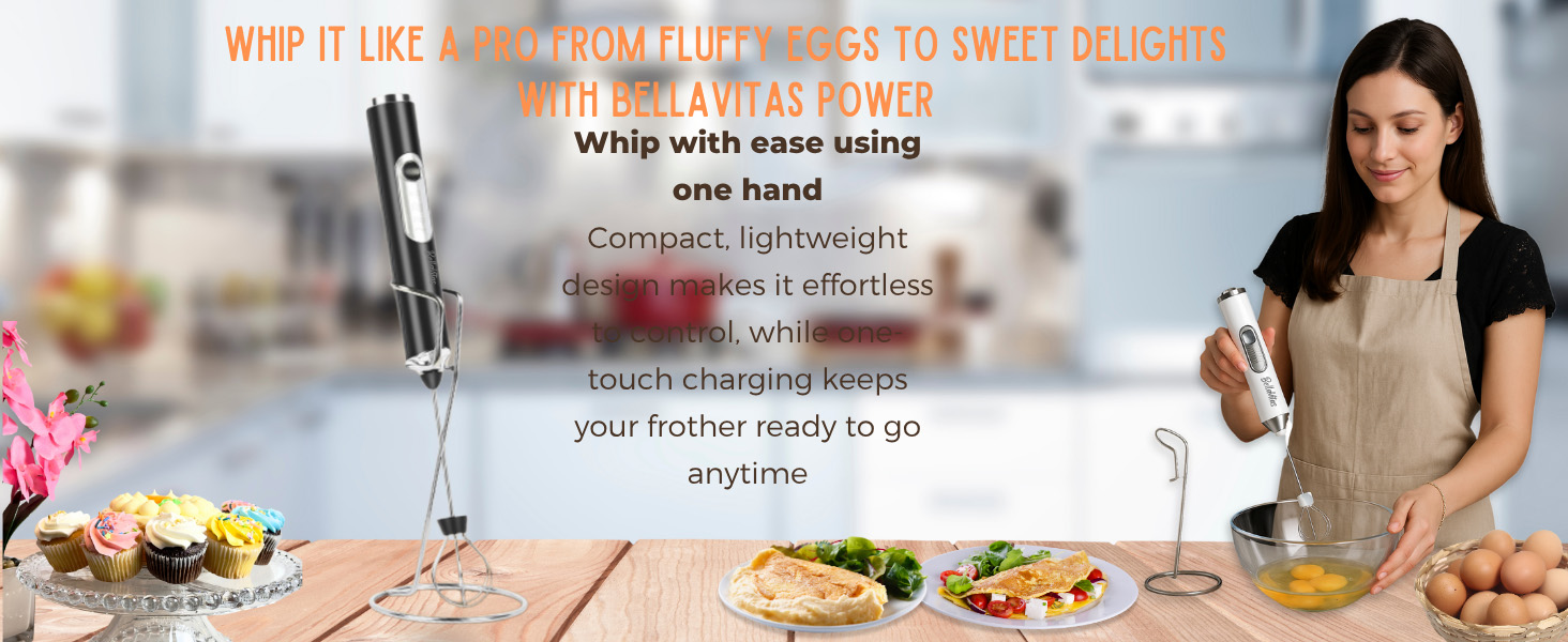 Woman using BellaVitas frother to whisk eggs; black frother on stand nearby