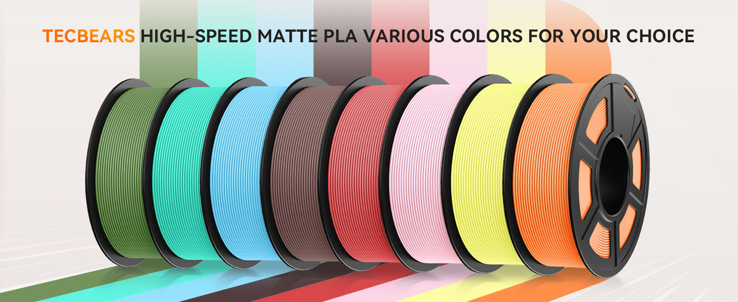 Array of 3D printer filament spools in various colors including green, turquoise, gray, pink, yellow, and orange, arranged in a row.