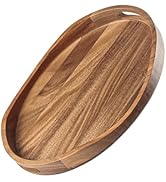 Acacia Wood Serving Tray with Handles - 17"x13" Round, Decorative Ottoman Tray for Living Room, C...
