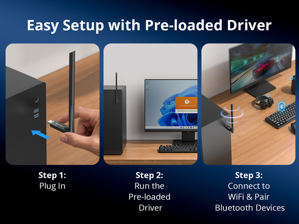 Easy Setup Steps Plug In Run Driver and Connect WiFi and Pair Bluetooth Devices