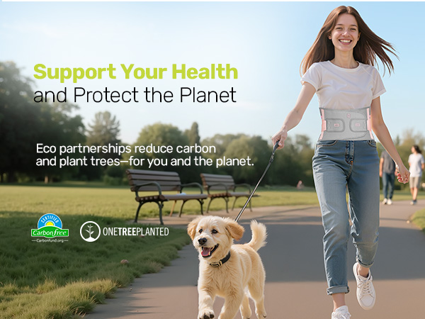 Text reads 'Support Your Health and Protect the Planet'. Person jogging with dog on path, with eco-friendly activity icons below.