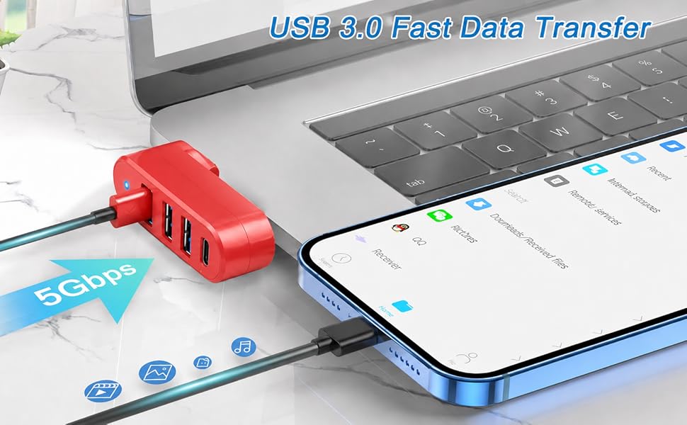 4-Port USB c Hub [90°/180° Degree Rotatable], USB c Splitter USB Extender for Laptop, Car, Red