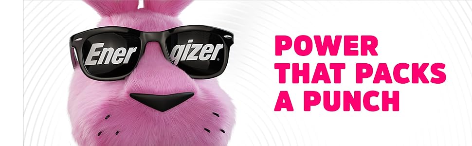Closeup image of the pink Energizer Bunny wearing black sunglasses that say Energizer on them.