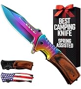Spring Assisted Knife with Wood Handle Glass Breaker & Pocket Clip - 3.66" Sharp Blade - Rainbow ...