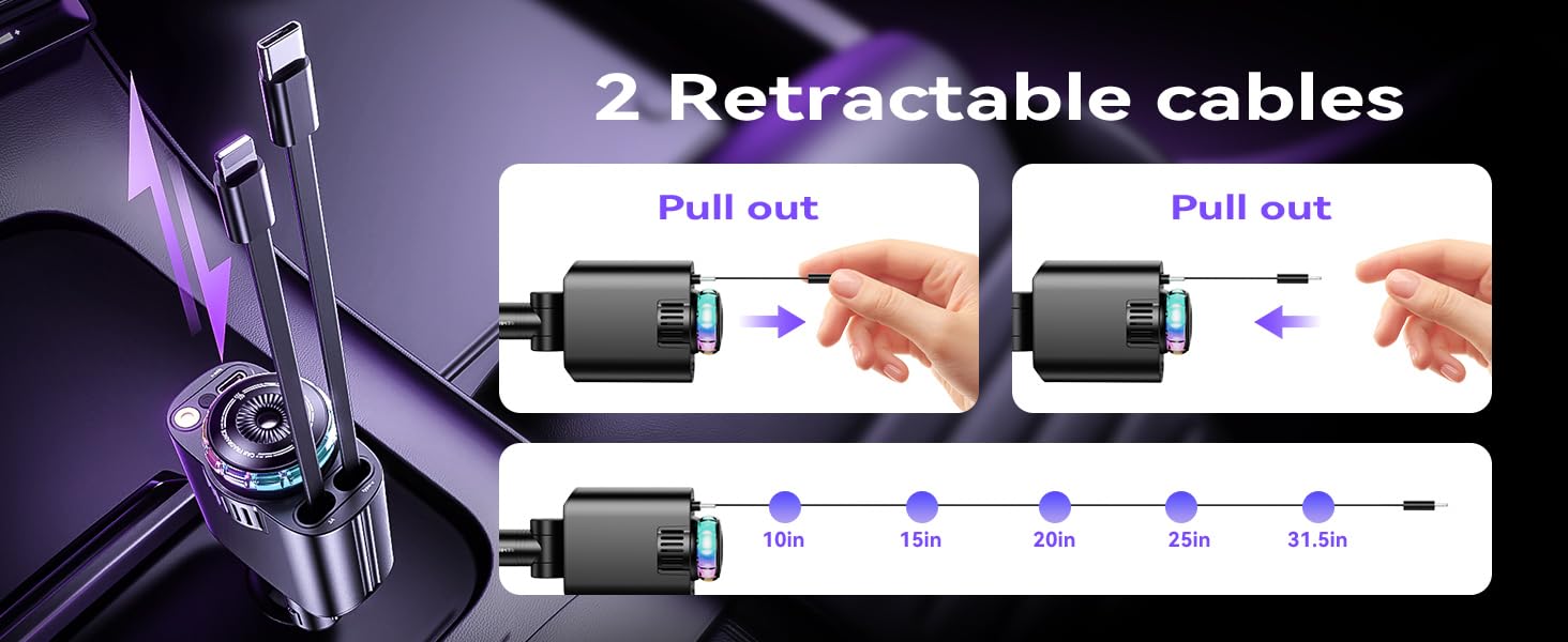 Retractable USB C Car Chargerwith 69W Fast Charging for iPhone 16 Aromatherapy and Starlight