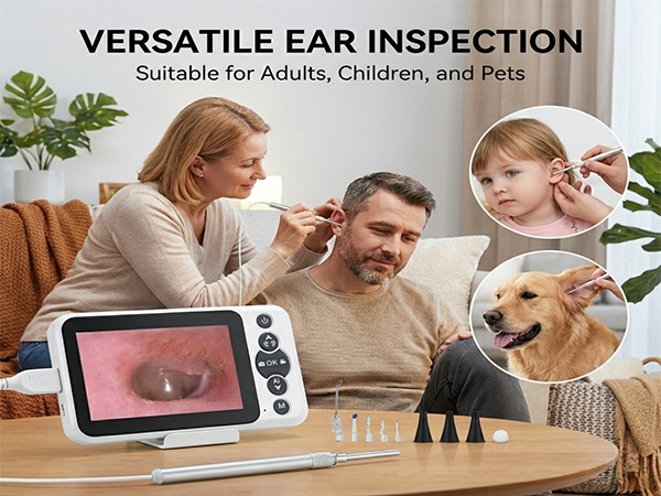 Digital otoscope with HD screen for home ear inspection, adults, children outer ear, and pets