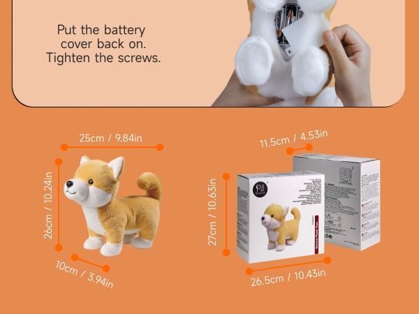 Text reads 'Put the battery cover back on' and 'Tighten the screws'. Instructional diagram showing product dimensions and assembly steps with orange background.