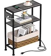 Small Narrow Side Table with Charging Station, Skinny End Table for Small Spaces, Slim Nightstand...