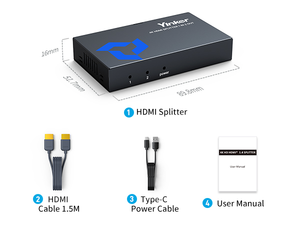 Text reads 'Image 7' and 'HDMI Splitter'. Product image showing black electronic device with cables and user manual. Includes HDMI cable and Type-C power cable indicators.