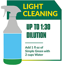 Light Cleaning: 1 oz. of Simple Green and 2 cups of water