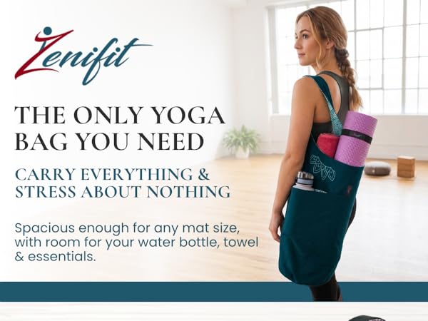 Girl wearing yoga mat bag in the studio, the bag is filled with her yoga mat, blocks water bottle