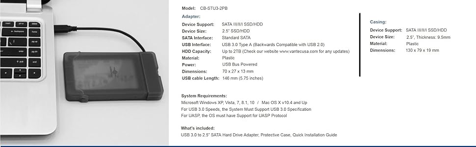 tool free design, USB 3.0, Type A, SATA III, 2.5", SSD, HDD, 6Gbps, snap lock casing, Bus-powered