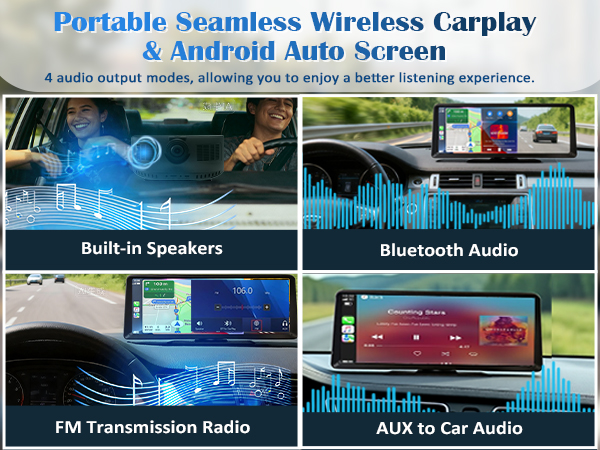 apple carplay screen has bluetooth built-in speakers, AUX and FM transmitter audio output options