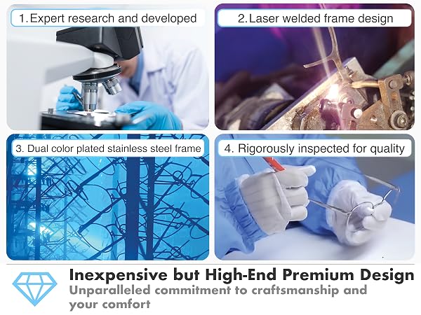 4 part image of the creation process of half rim blue light blocking glasses for men and women