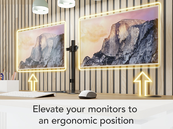 Raise both monitors to eye level on a shared pole for ergonomic viewing.