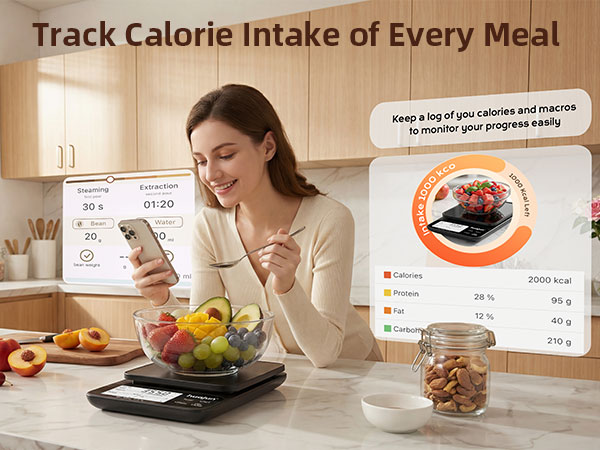 Text reads 'Track Calorie Intake of Every Meal', 'Save a lot of gps calories and exercise to observe your family'. Woman using black digital kitchen scale with food bowl, nutrition tracking interface visible on device screen.