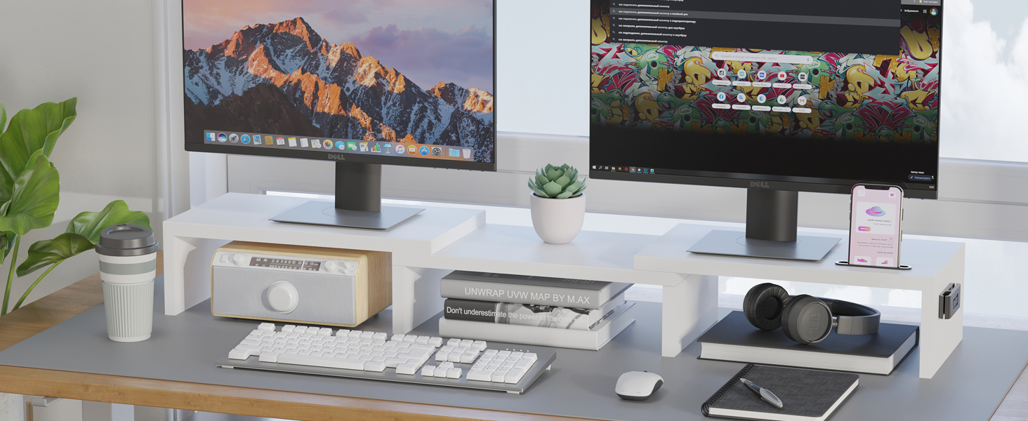 Organized desk setup with two monitors, keyboard, mouse, headphones, and various tech accessories on white desk organizers.