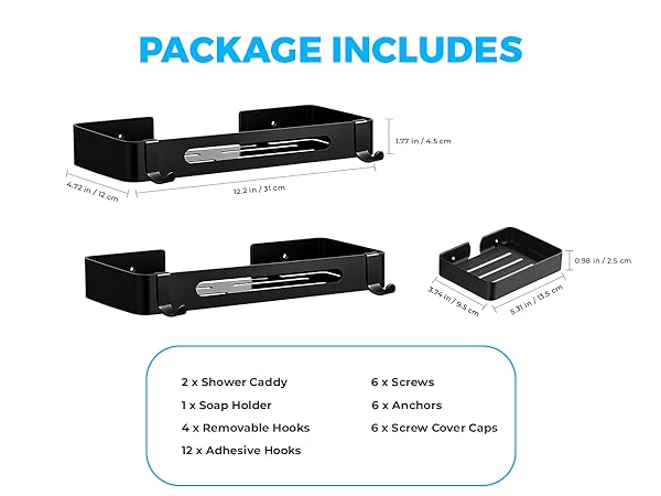 package includes 2 matte black shower shelves, 1 soap holder, 4 removable hooks, 12 adhesive hooks
