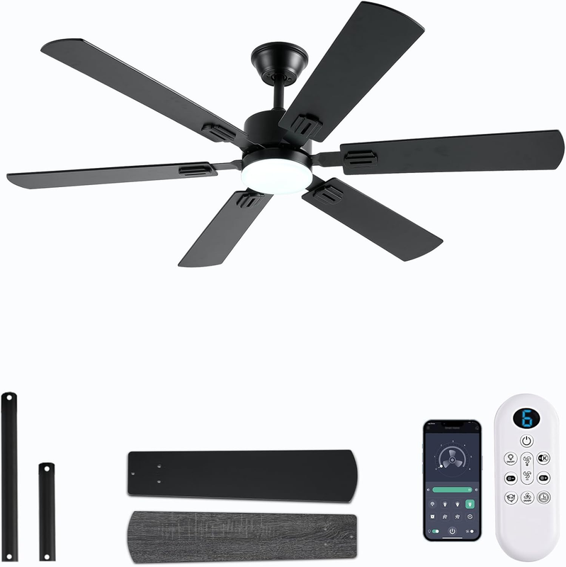56Inch Black Ceiling Fans with Lights and Remote/App Control, Dimmable LED, Reversible DC Motor, Noiseless, 6 Double-Side Blades, 6 Speeds Low Profile Ceiling Fan for Indoor/Outdoor Use