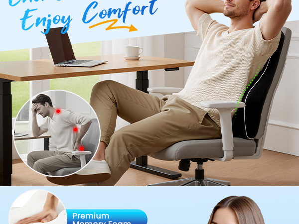 Text reads 'Enjoy Easy Comfort.' Series of images showing ergonomic office chair in use, demonstrating various seating positions and comfort features.