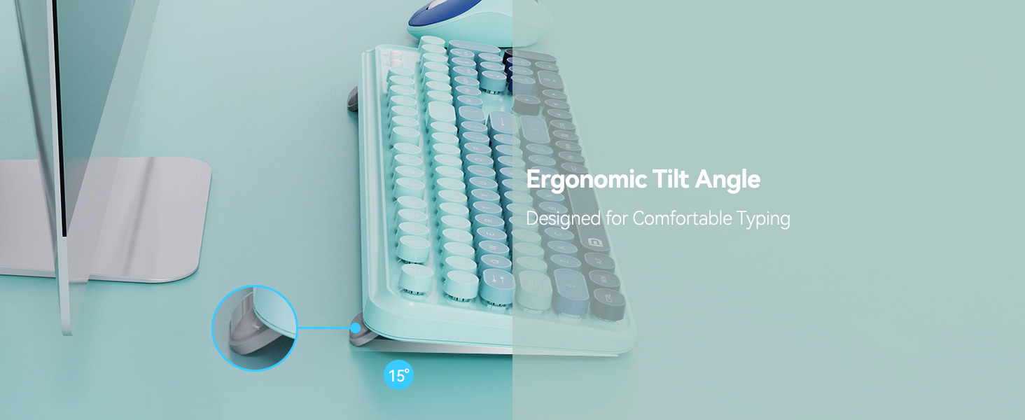 ergonomic teal keyboard with tilted angle for comfortable typing